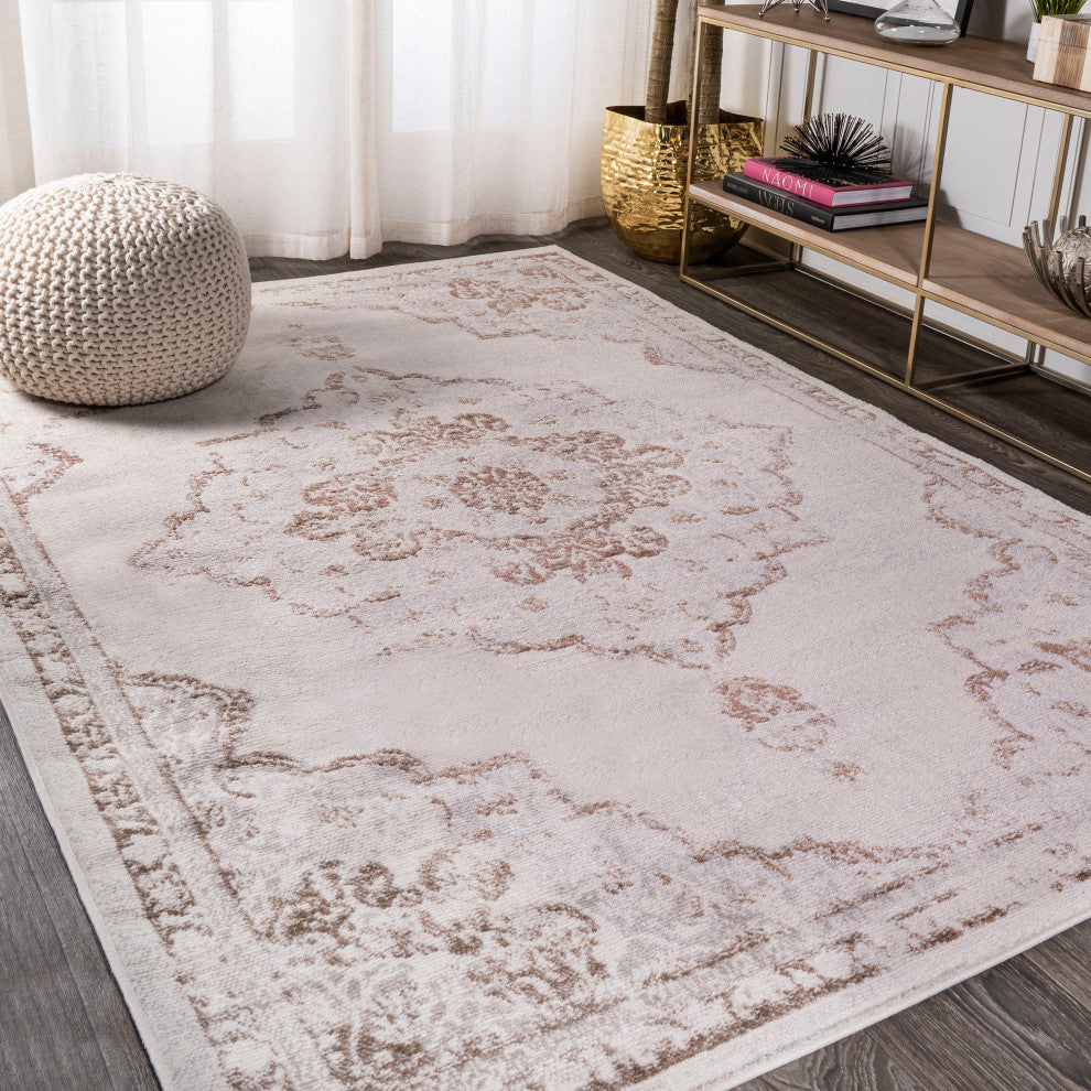 Alhambra Ornate Medallion Modern Runner Rug, Cream/Red, 5x8