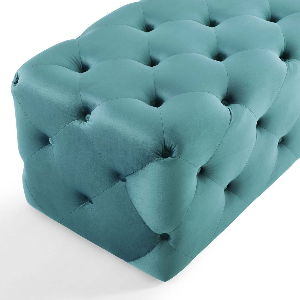 Tufted Accent Chair Bench, Velvet, Blue, Modern, Living Lounge Hotel Hospitality
