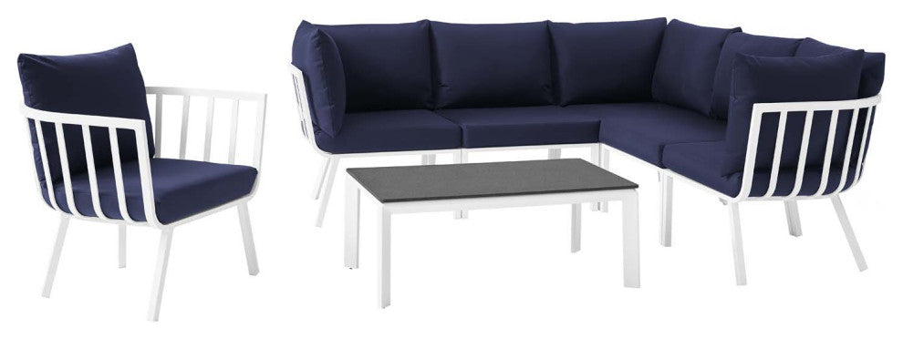 Lounge Sectional Sofa Chair Set, Aluminum, Metal, White Blue Navy, Outdoor