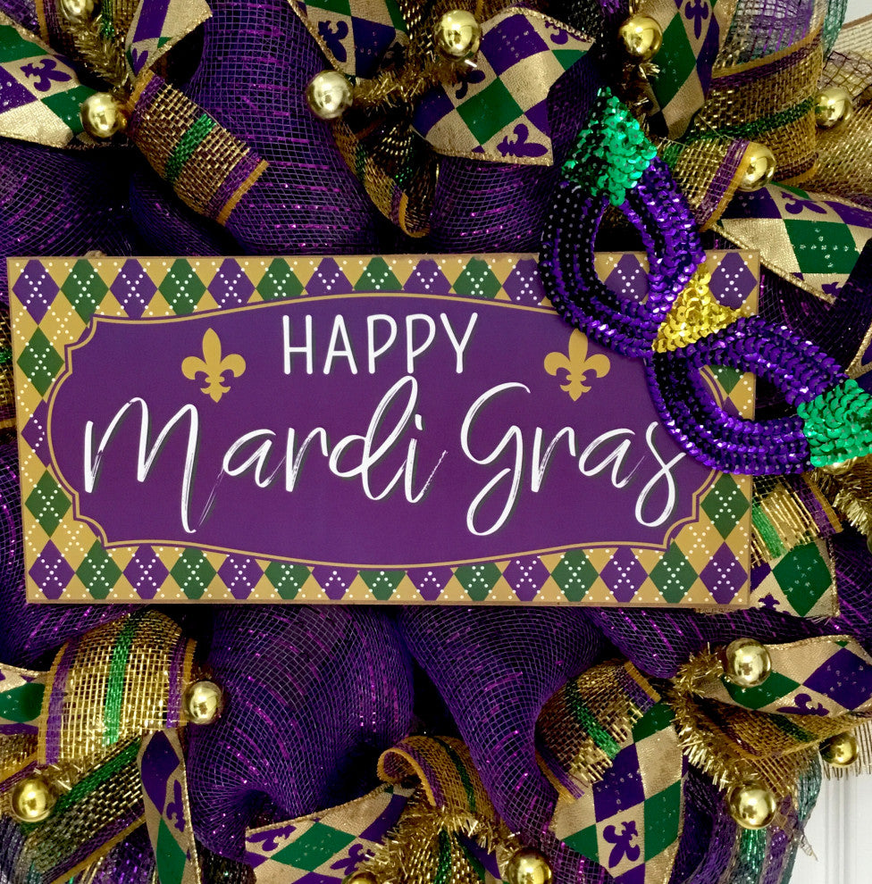 Happy Mardi Gras Wreath Handmade Deco Mesh 24 inch or 28 inch diameters, 28 Inch