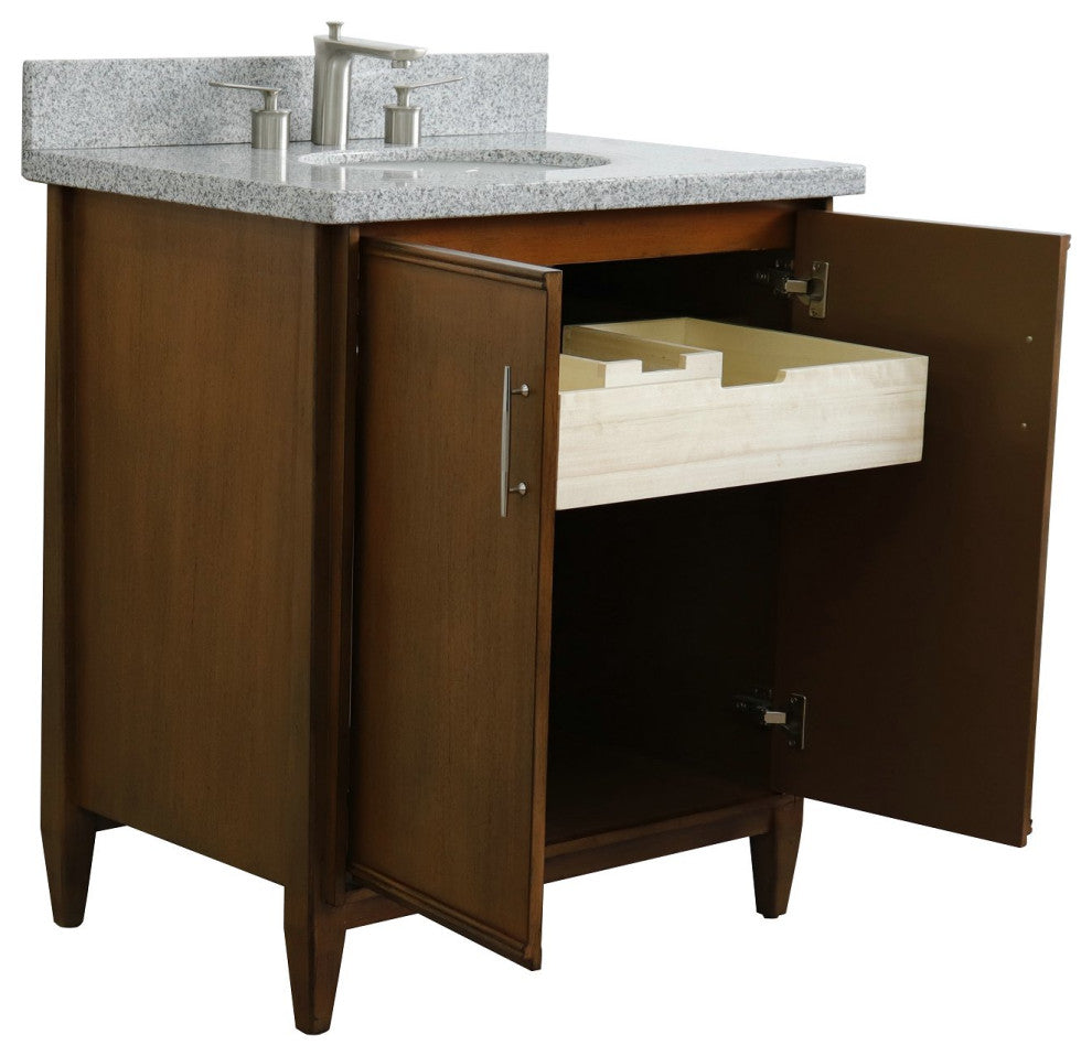 31" Single Sink Vanity, Walnut Finish, Gray Granite With Oval Sink