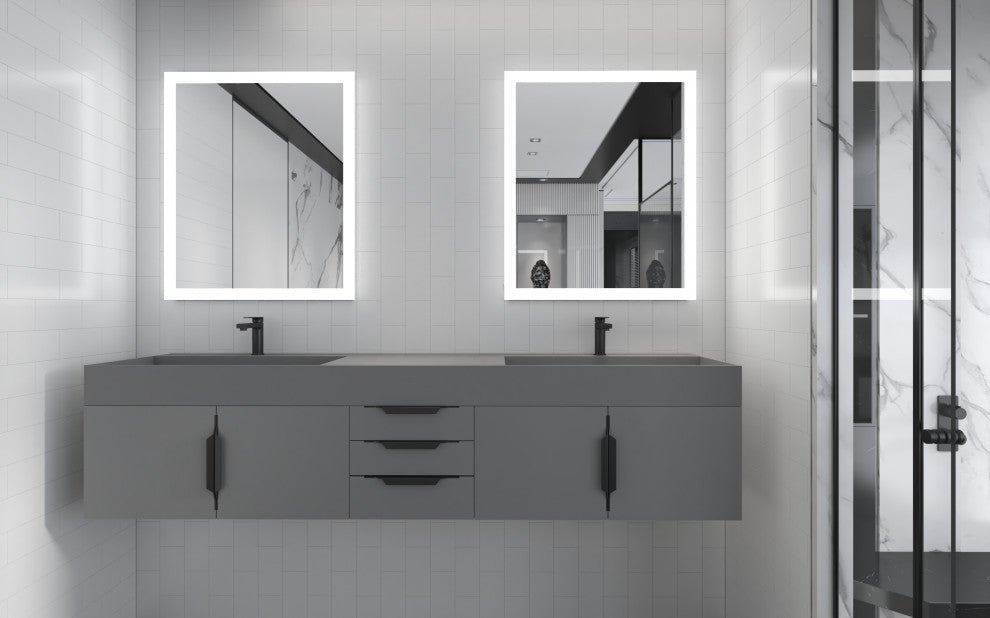 CastelloUSA Amazon 84" Wall Mounted Bathroom Vanity Set, Gray, Gray Top, Black Handles