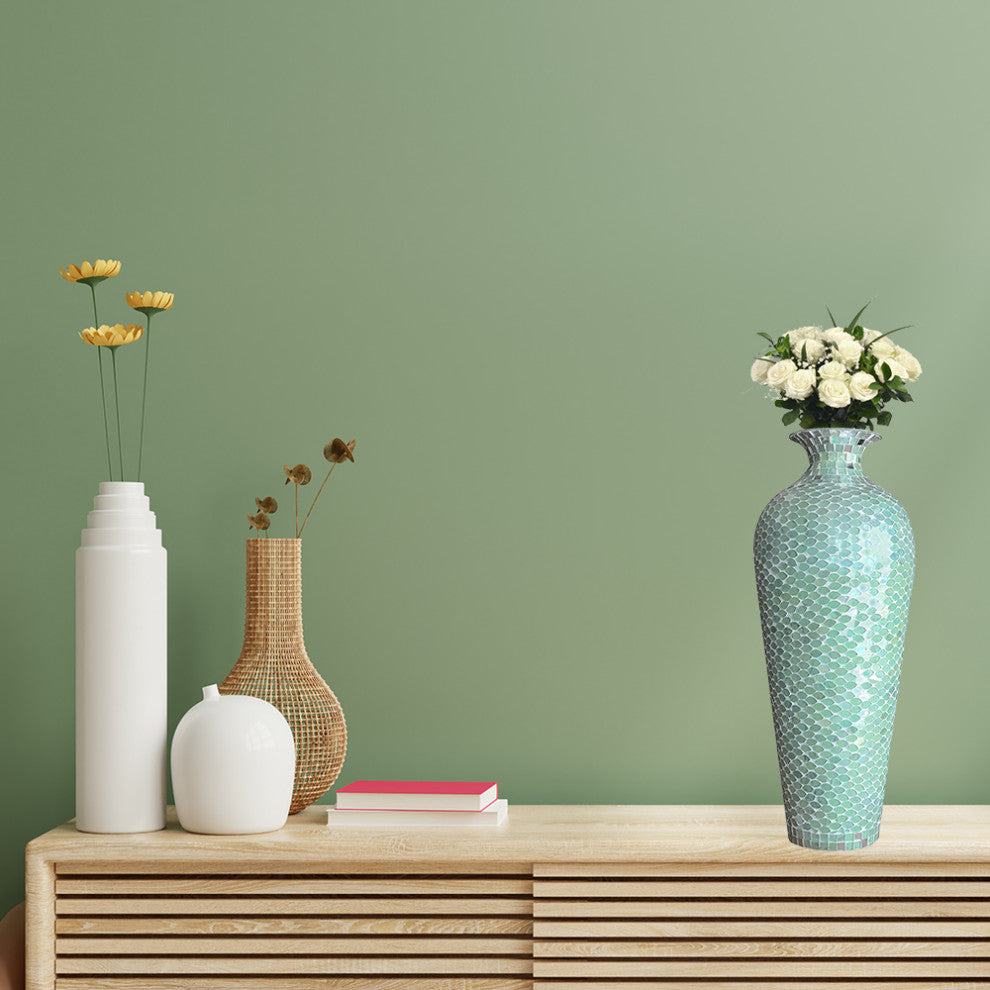 Home Decor Geometric Pattern Metal Floor Vase with Glass Mosaic in Mint Green