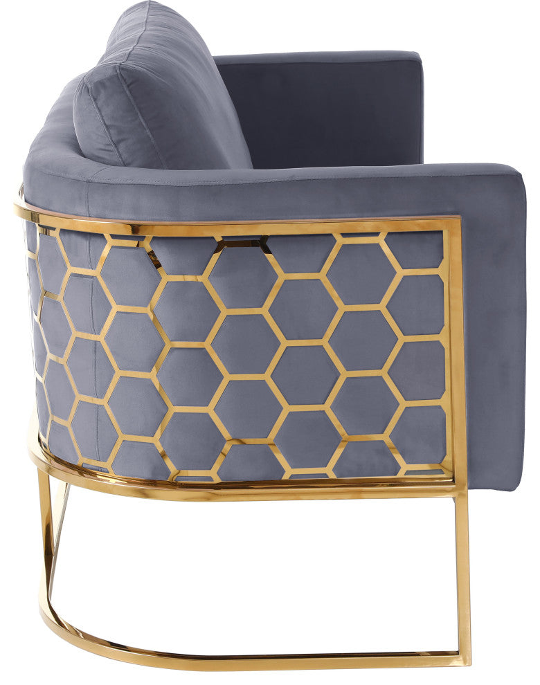 Casa Velvet Upholstered Loveseat, Grey, Gold Finish