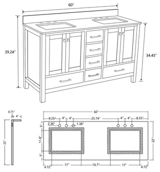 Bathroom Vanity Set, Base:Gray, 60", Without Mirror