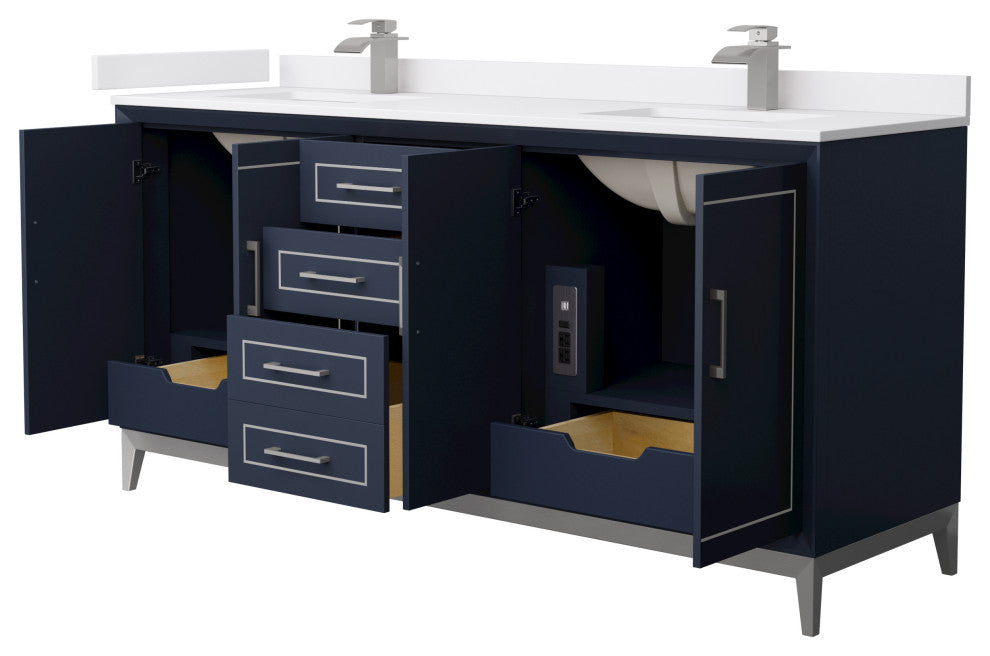 Marlena 72" Dark Blue Double Vanity, Cultured Top, Nickel Trim