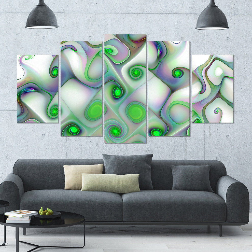 White Green Pattern with Swirls, Contemporary Wall Art Canvas, 60"x32", 5 Panels
