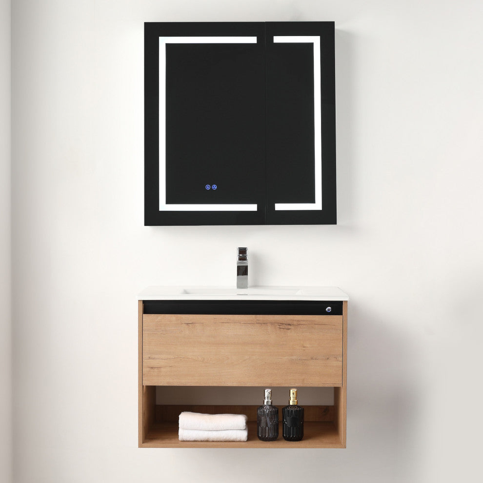 Wall Mounted Bathroom Vanity and Sink, Classic Oak, 30'' Ceramic