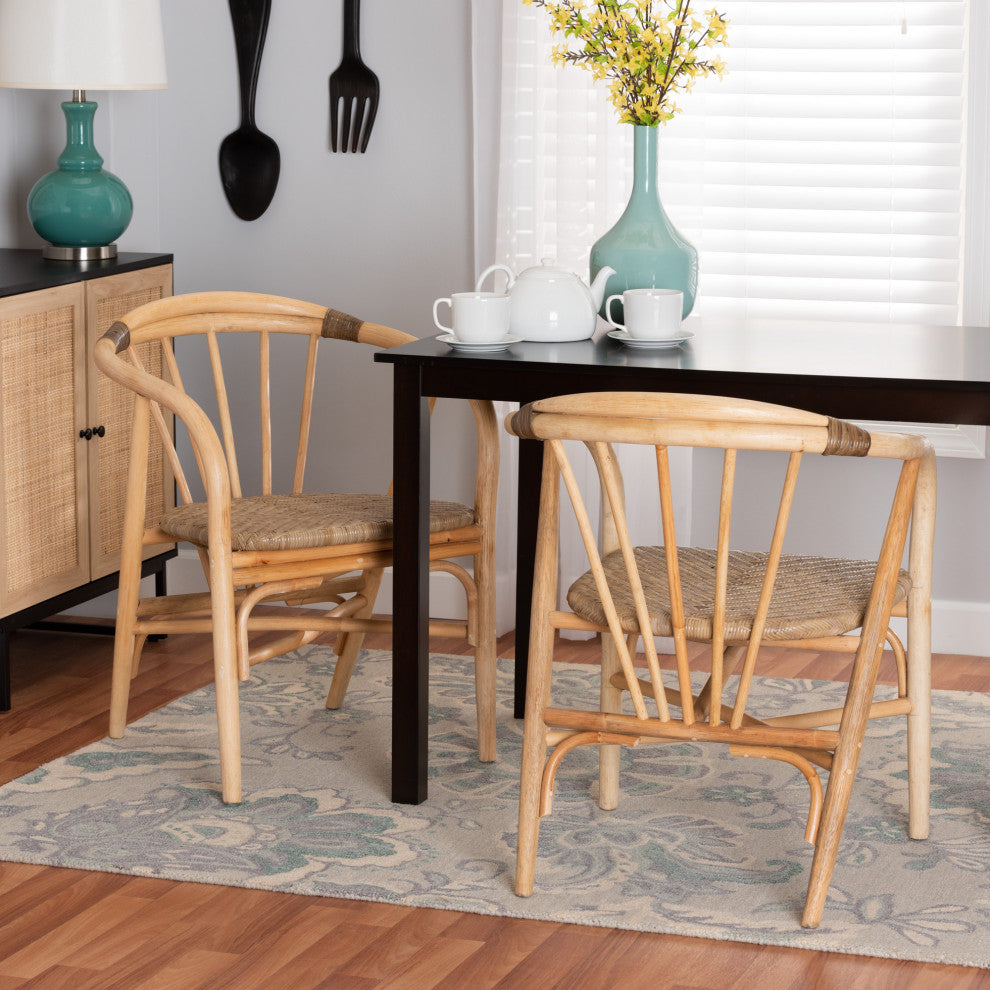 Kyoto Modern Bohemian Natural Brown Rattan 2-Piece Dining Chair Set