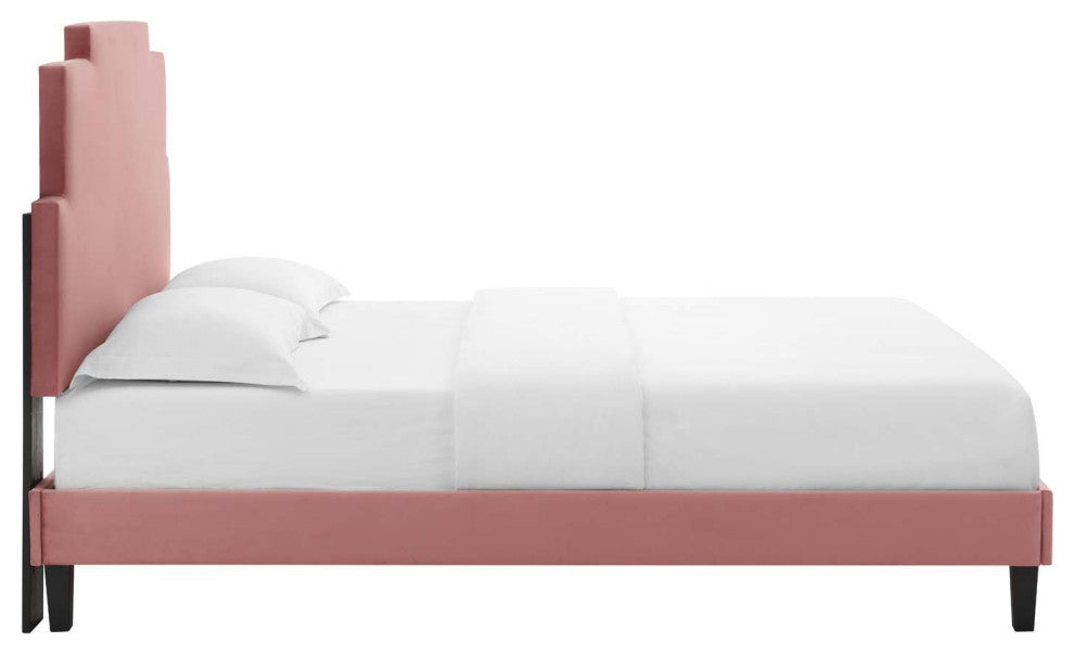 Platform Bed Frame, King Size, Velvet, Pink, Modern Contemporary, Bedroom Master