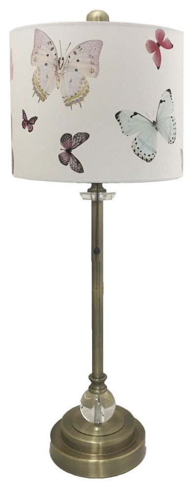 28" Crystal Buffet Lamp With Colorful Butterfly Shade, Antique Brass, Single