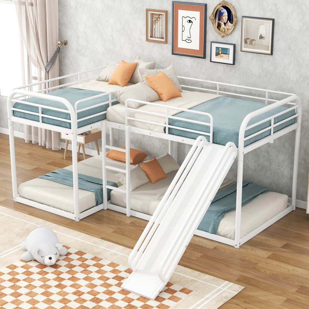 Gewnee Full and Twin Size L-Shaped Bunk Bed with Slide and Short Ladder in White