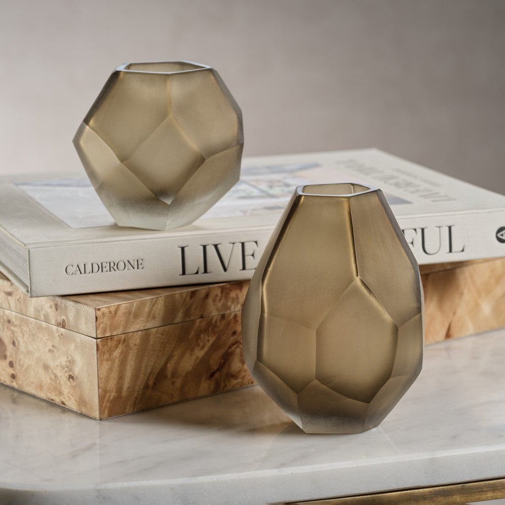 Kubo Faceted Frosted Taupe Vase, Small