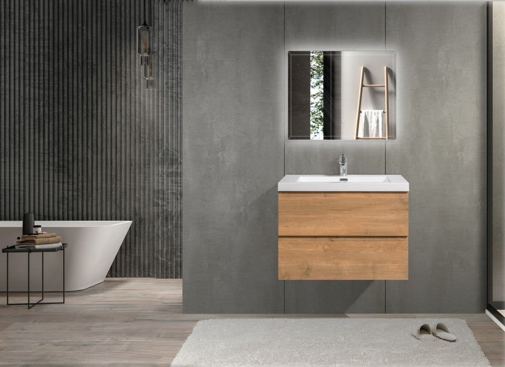 Alma-Pre Wall Mount Vanity With White Sink, Natural Oak, 30"