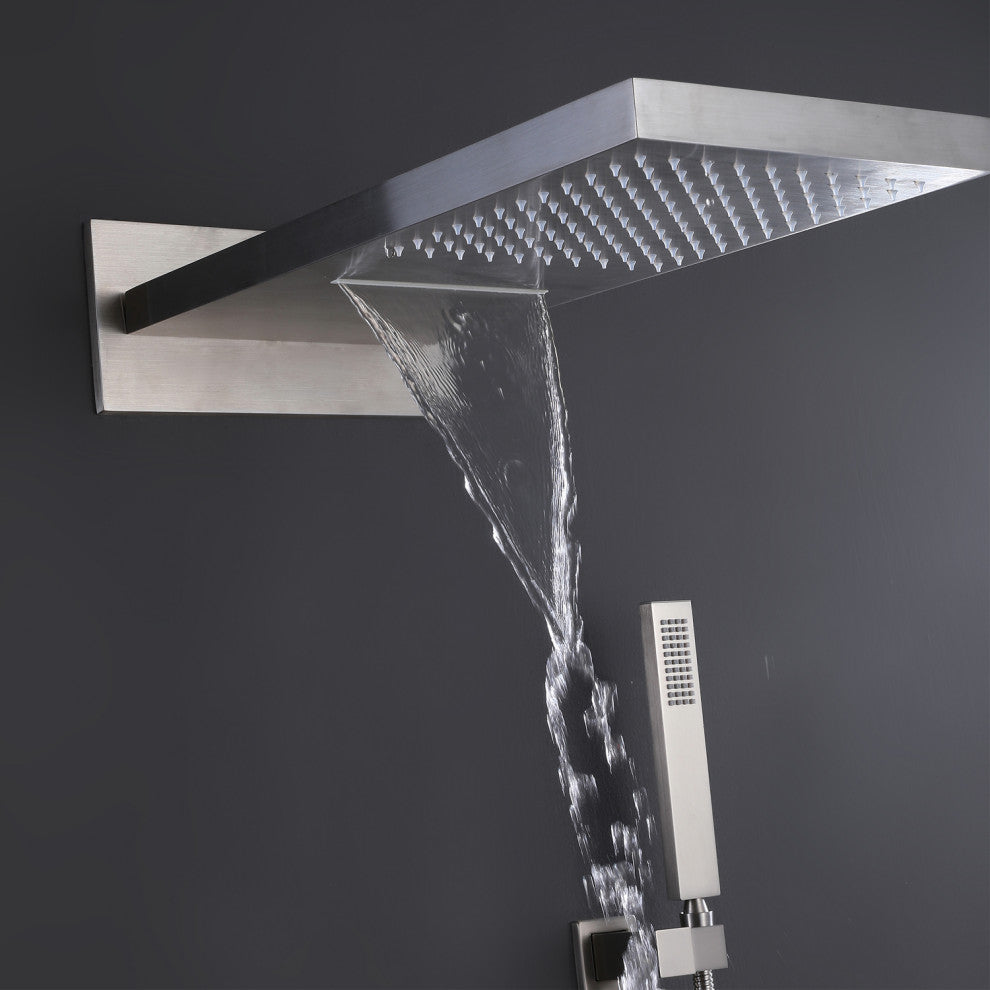Luxury Thermostatic Shower System with Rough-in Valve & Waterfall Showerhead, Br