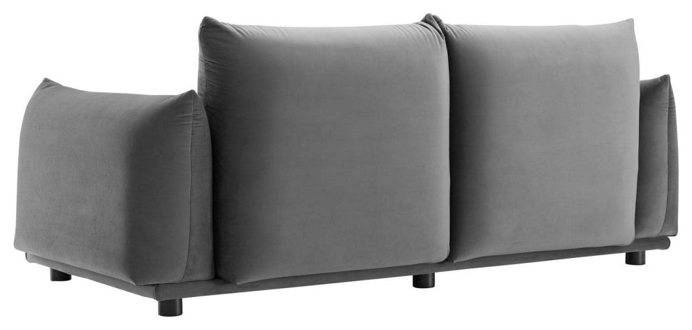Loveseat Sofa, Velvet, Gray, Modern, Living Lounge Hotel Lobby Hospitality