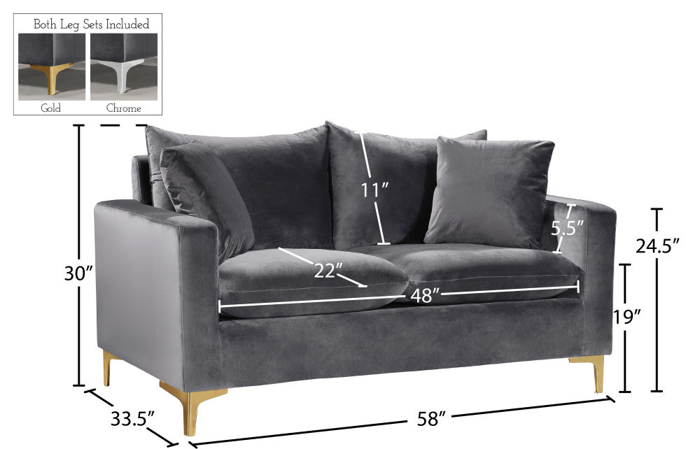 Naomi Velvet Upholstered Loveseat, Gray