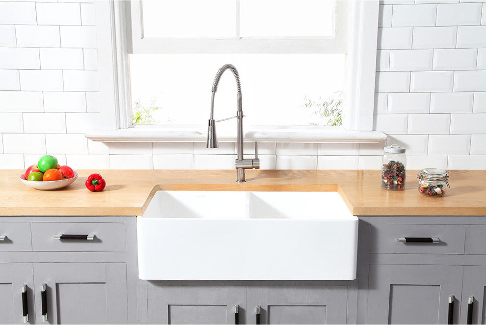Gourmetier Double Bowl Farmhouse Kitchen Sink, Matte White