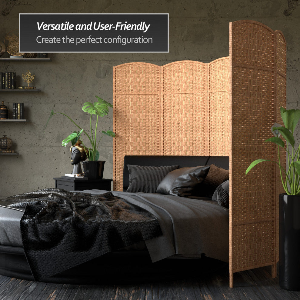 6'' Tall Diamond Weave Fiber Room Divider, Natural, 4 Panel