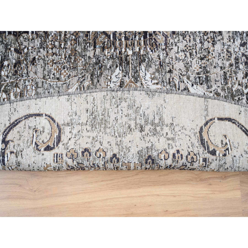 Gray, Silk with Textured Wool, Hand Knotted, Modern, Round, Rug, 11'10" x 11'10"