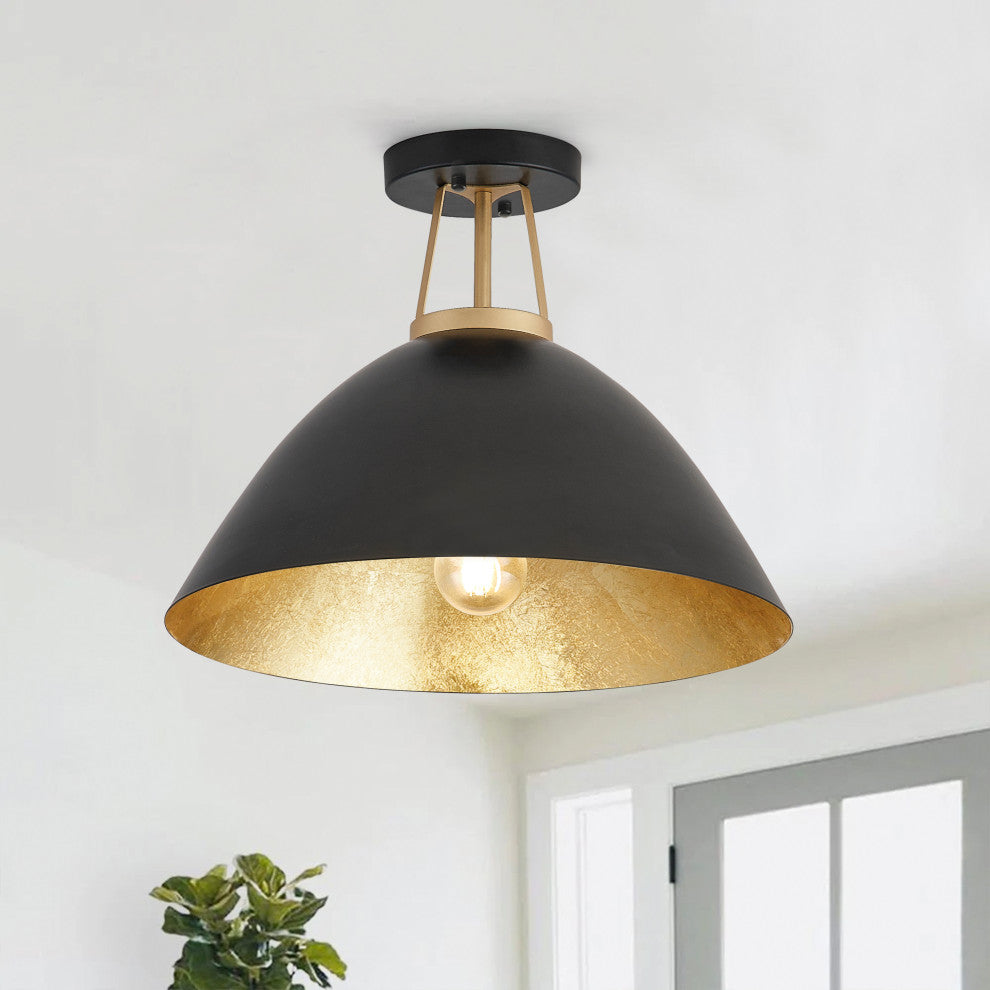 Farmhouse Gold Leaf Inside Semi Flush Mount Ceiling Light, Black