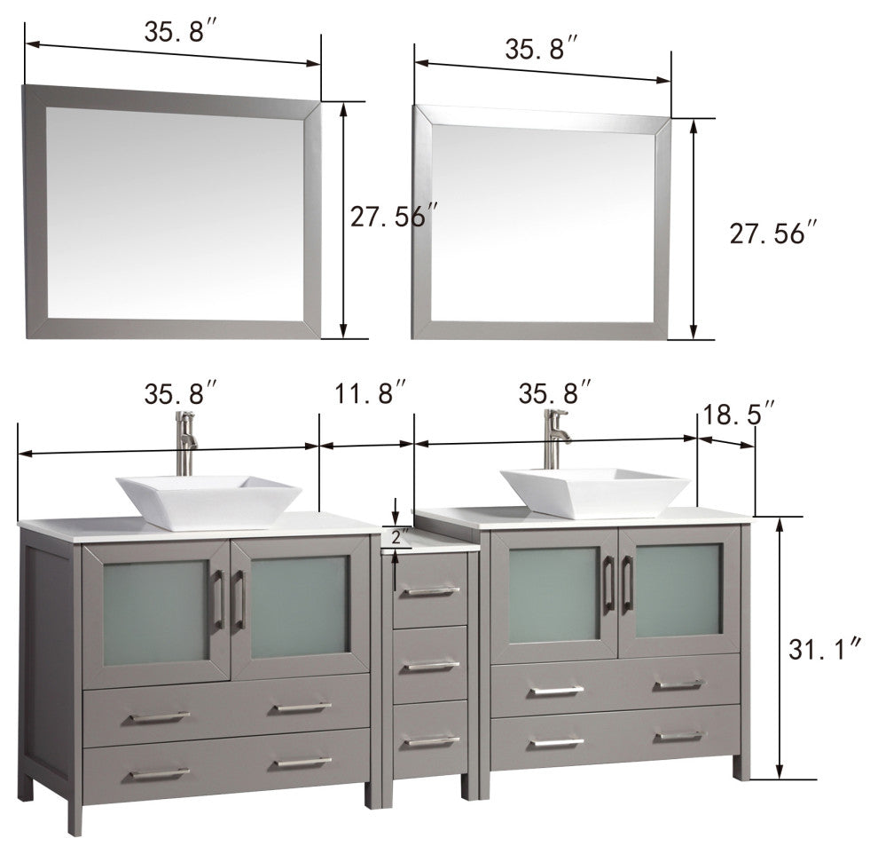 Vanity Art Vanity Set With Vessel Sink, Gray, 84", Standard Mirror