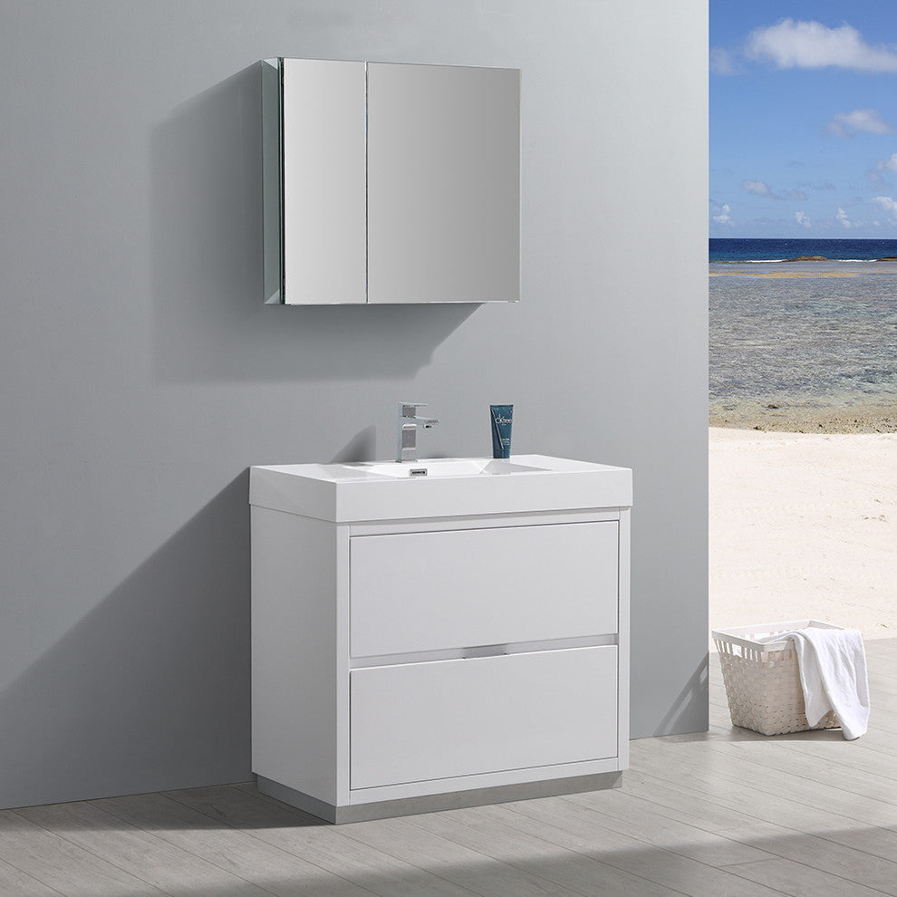 Valencia 36" Glossy White Free Standing Vanity Set, Cabinet, Faucet FFT9161CH