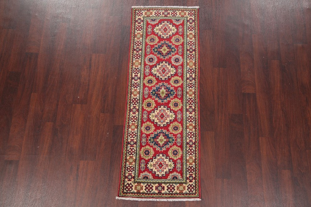 Pakistani Traditional Hand-Knotted Kazak Oriental Runner Rug, Red, 5'11"X2'2"