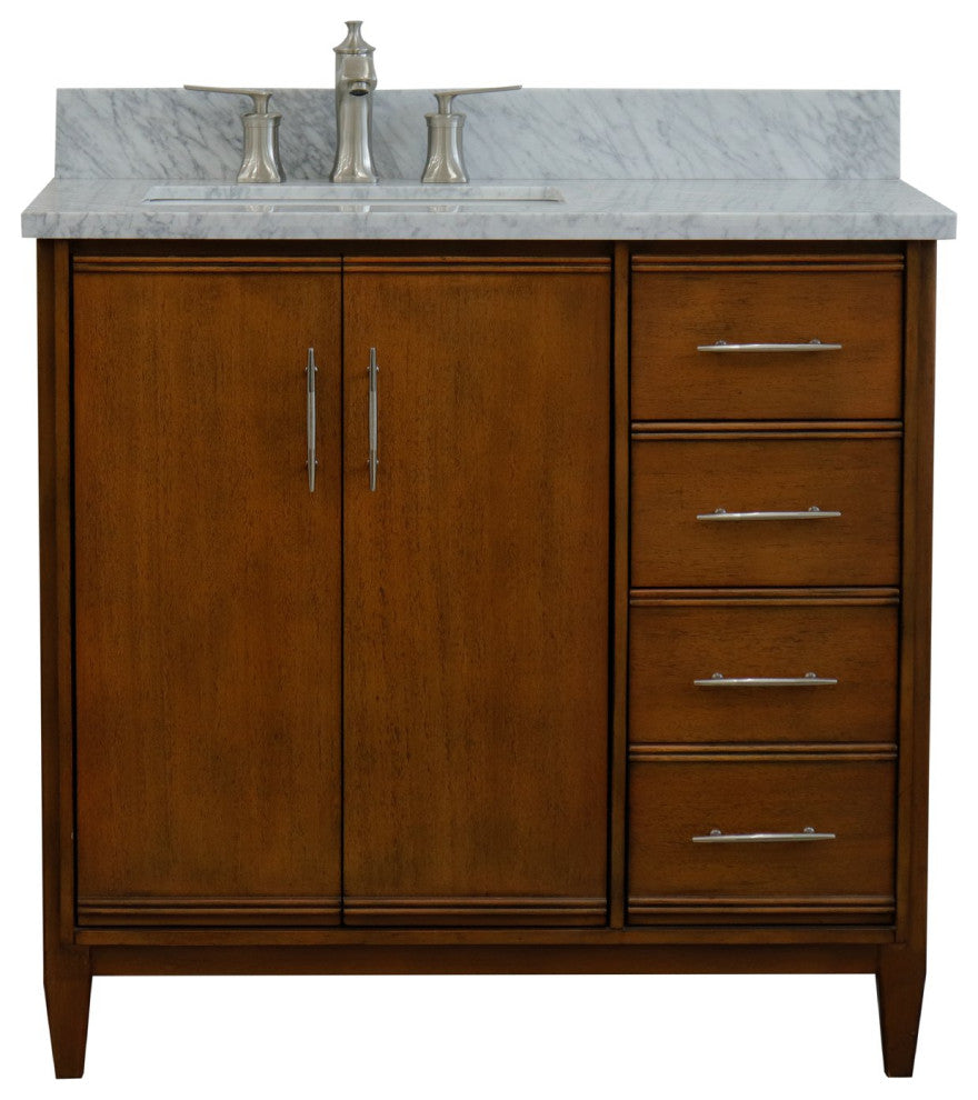 37" Single Vanity, Walnut Finish With White Carrara