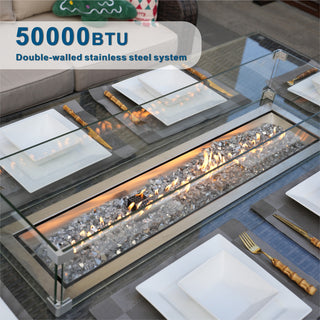 7-Piece Patio Wicker Dining Sofa Set with Rectangle Fire pit Table, Brown