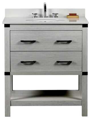 31" Single Vanity, Gray Pine Finish Top With Engineered Stone Top and Oval Sink
