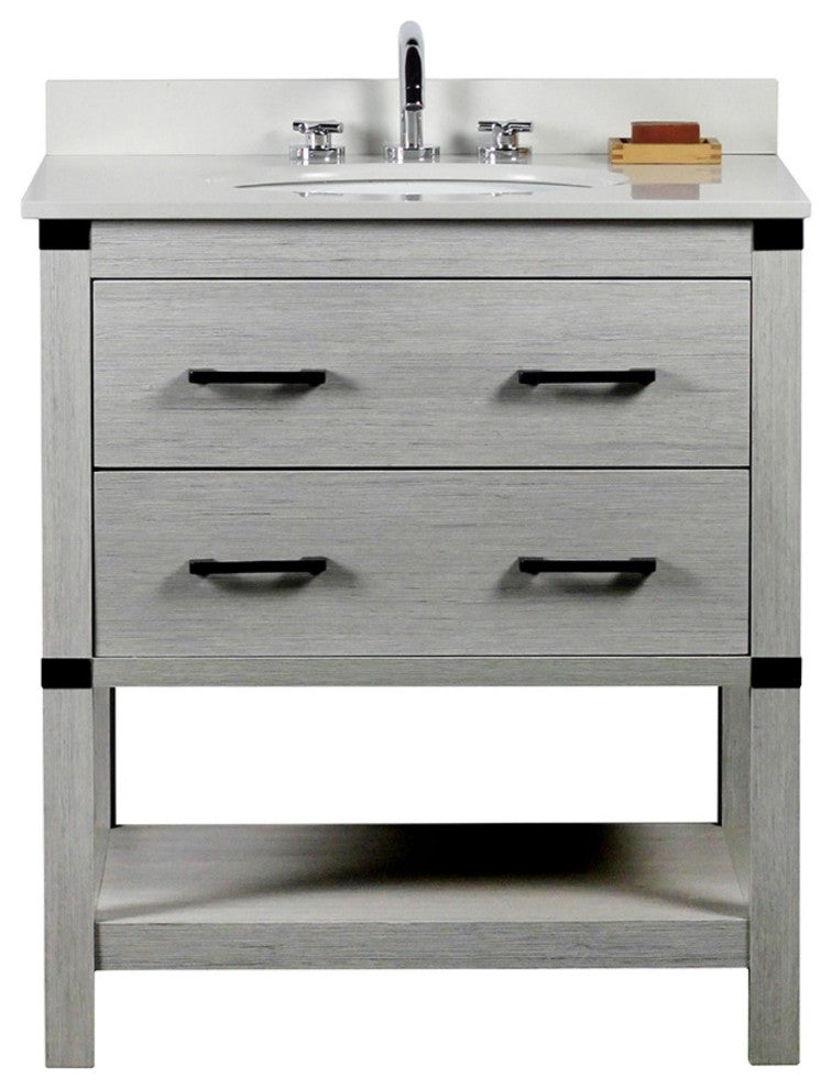 31" Single Vanity, Gray Pine Finish Top With Engineered Stone Top and Oval Sink