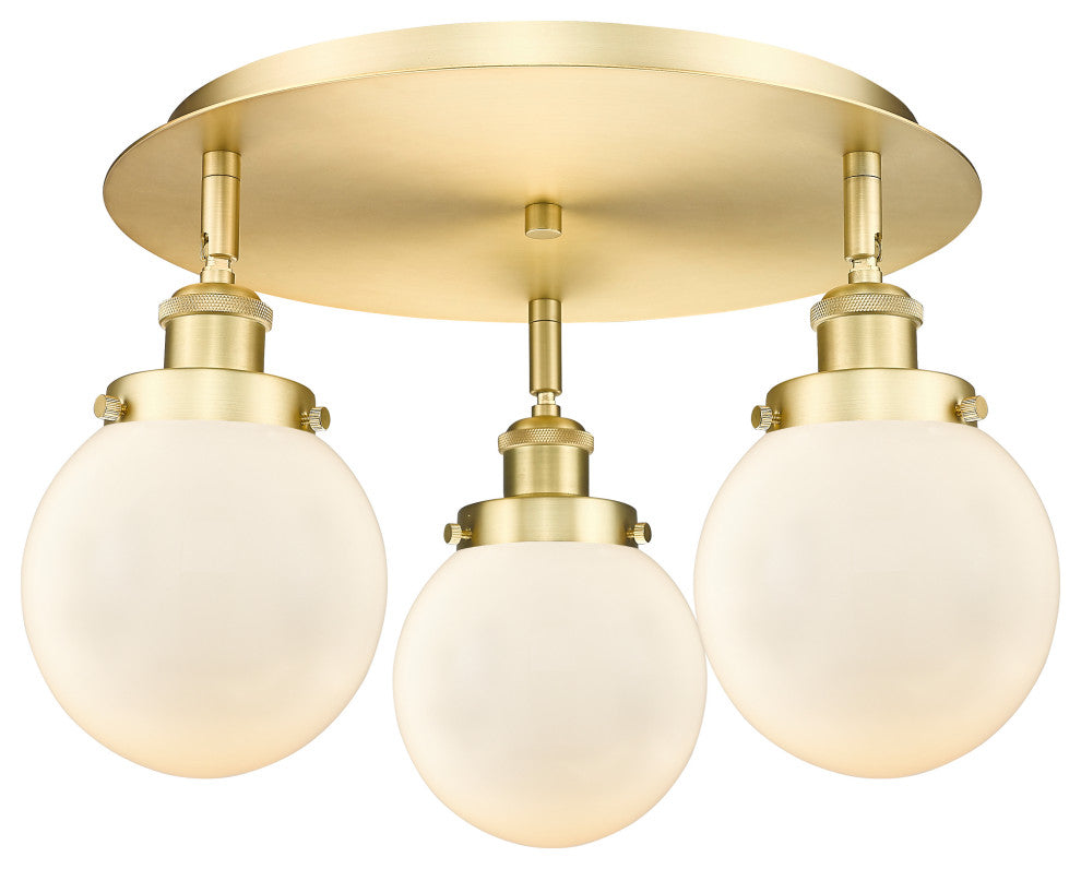 Beacon-3 Light 18" Flush Mount-Satin Gold, Matte White Glass Shade
