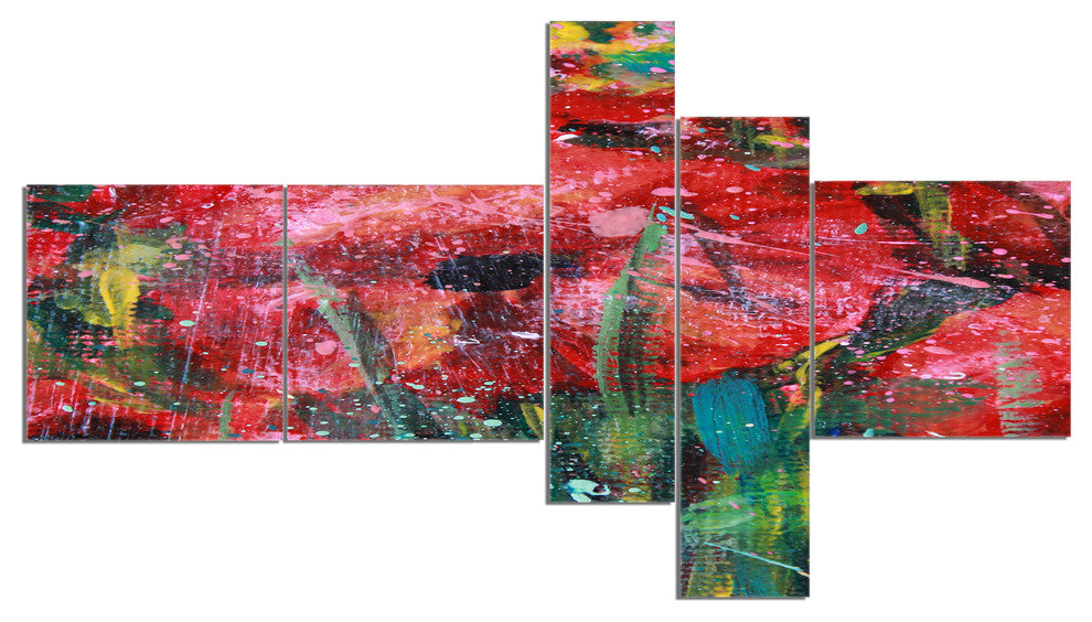 Red Poppies Acrylic Drawing, Extra Large Floral Wall Art, 60"x32", 5 panels