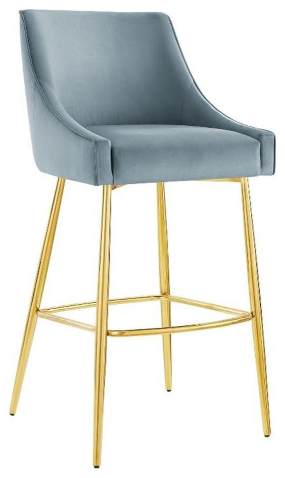 Modway Discern 29.5" Modern Performance Velvet Bar Stool in Light Blue/Gold