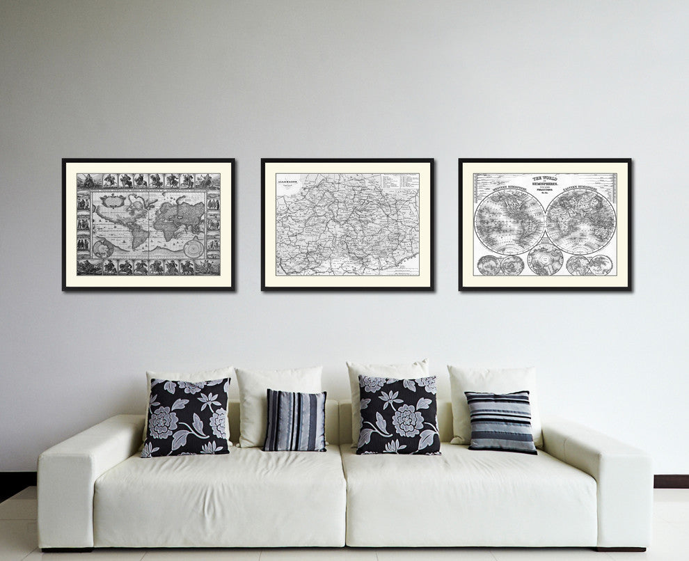 Central Germany Vintage Map Print On Canvas With Black Custom Frame, 28" X 37"