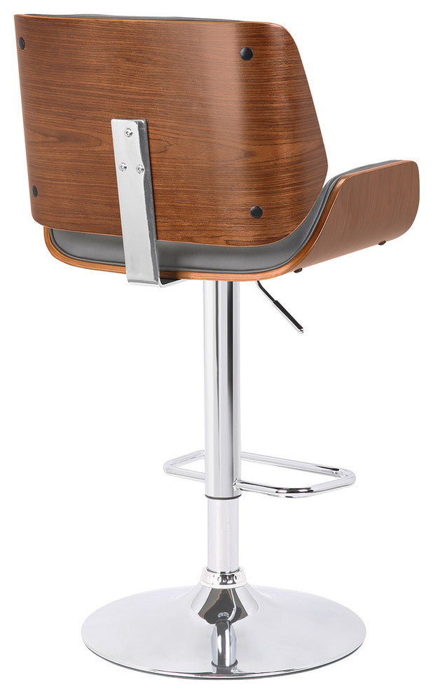 London Contemporary Swivel Bar Stool, Gray Faux Leather/Chrome Base/Walnut Wood