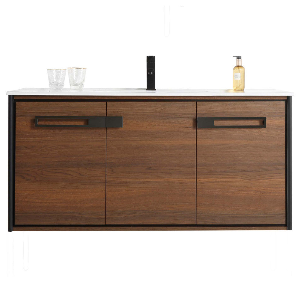 Oakville Wall Mount Bathroom Vanity, Walnut Ebony, 48", Black Hardware