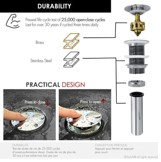 STYLISH Polished Chrome Pop-Up Bathroom Sink Drain without Overflow