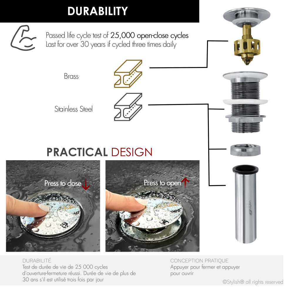 STYLISH Polished Chrome Pop-Up Bathroom Sink Drain without Overflow