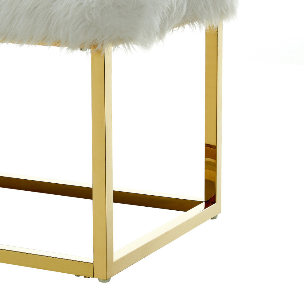 Astraea Faux Fur Metal Frame Ottoman Bench, White/Gold