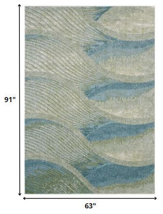 5"x8" Blue Beige Abstract Waves Modern Area Rug