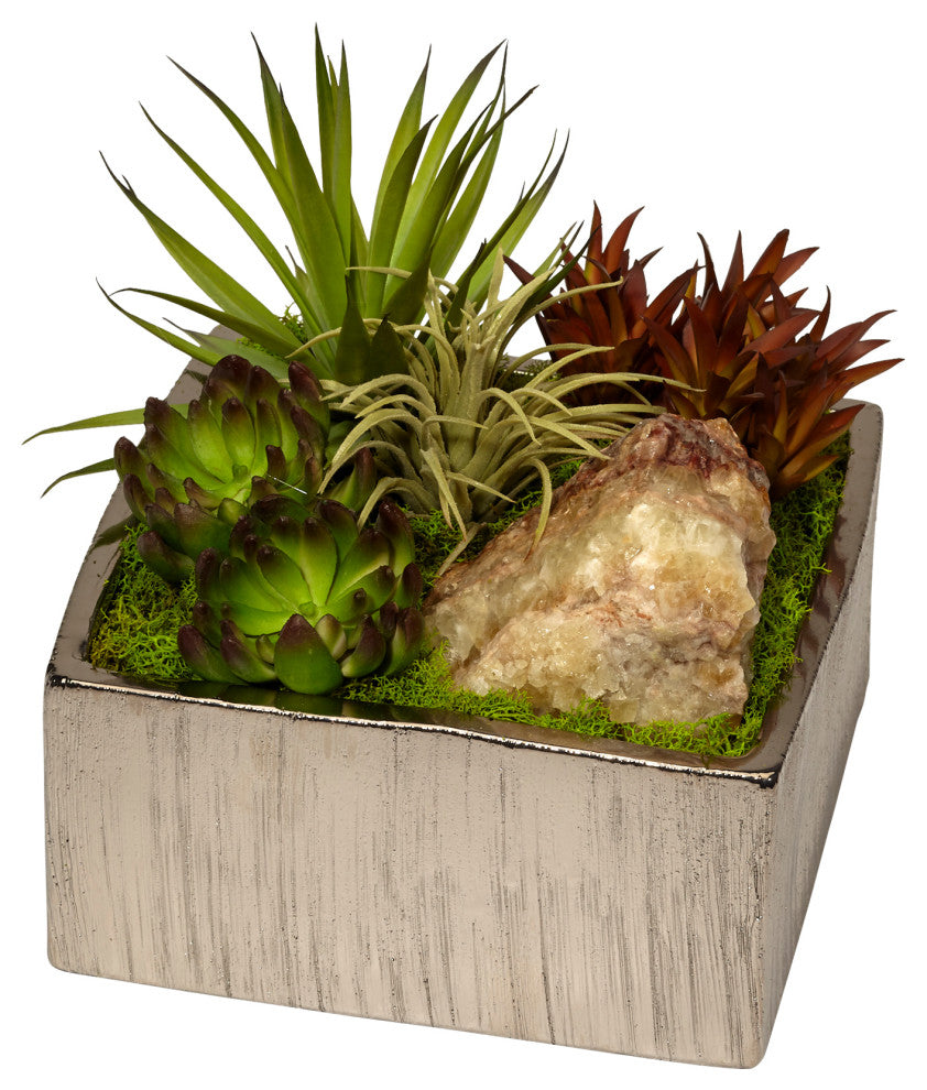Succulents and Green Calcite in Silver Square Container