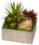 Succulents and Green Calcite in Silver Square Container