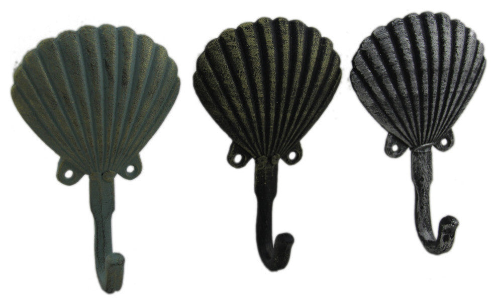 Distressed Scallop Shell 3 Piece Coastal Cast Iron Wall Hook Set