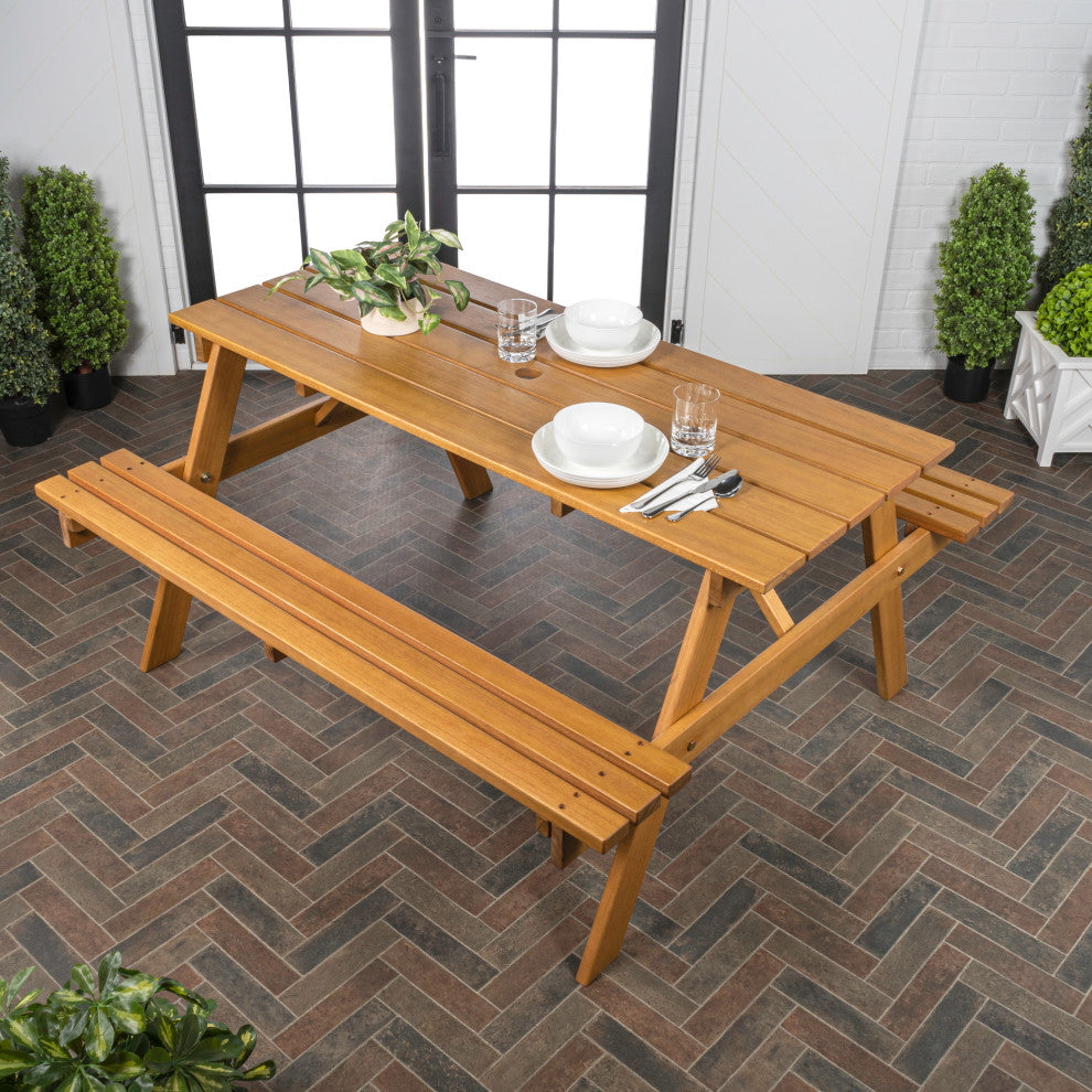 Shoreham 59" Modern Classic Outdoor Wood Picnic Table Benches With Umbrella Hole