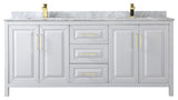 80" Double Bath Vanity, White, White Carrara Countertop, Sinks, Gold Trim