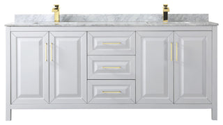 80" Double Bath Vanity, White, White Carrara Countertop, Sinks, Gold Trim