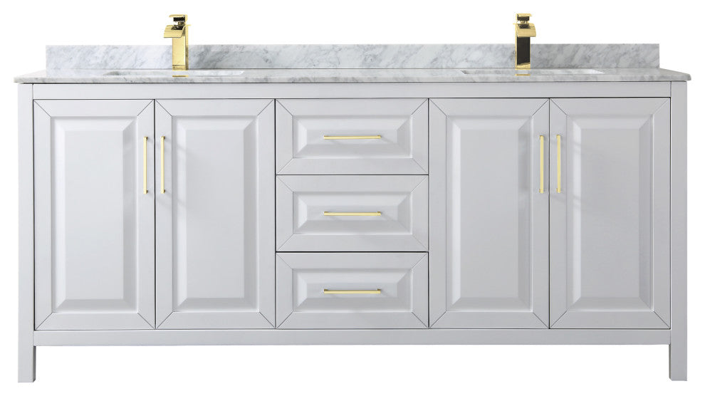 80" Double Bath Vanity, White, White Carrara Countertop, Sinks, Gold Trim