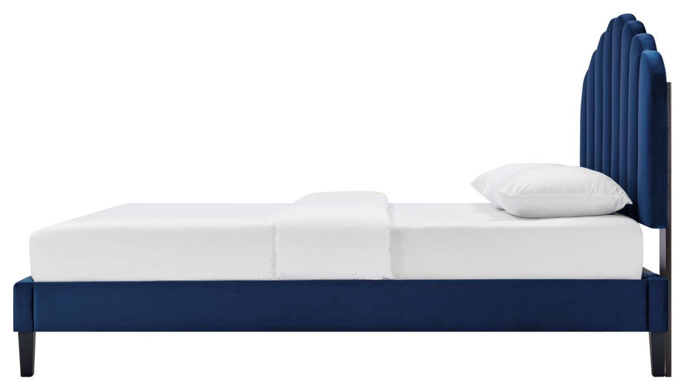 Platform Bed Frame, King Size, Blue Navy, Velvet, Modern, Bedroom Guest Suite
